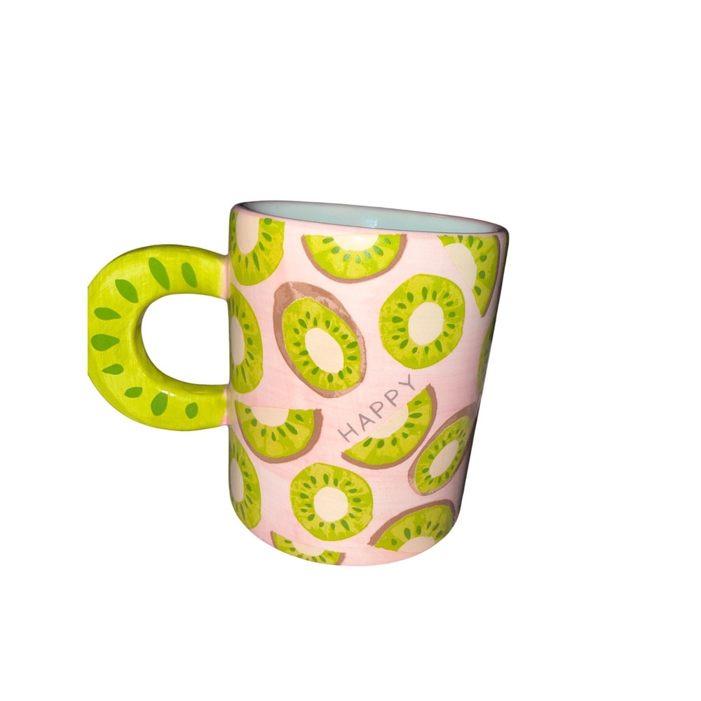 Mud Pie Happy Kiwi Ceramic Coffee Mug Pink Green Fruit Pattern Hand Painted Cup